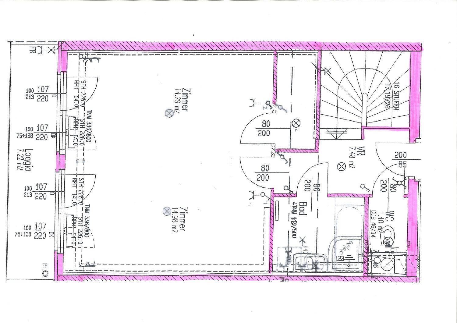 Grundriss des Obergeschosses mit zwei Schlafzimmern, Badezimmer und separatem WC.