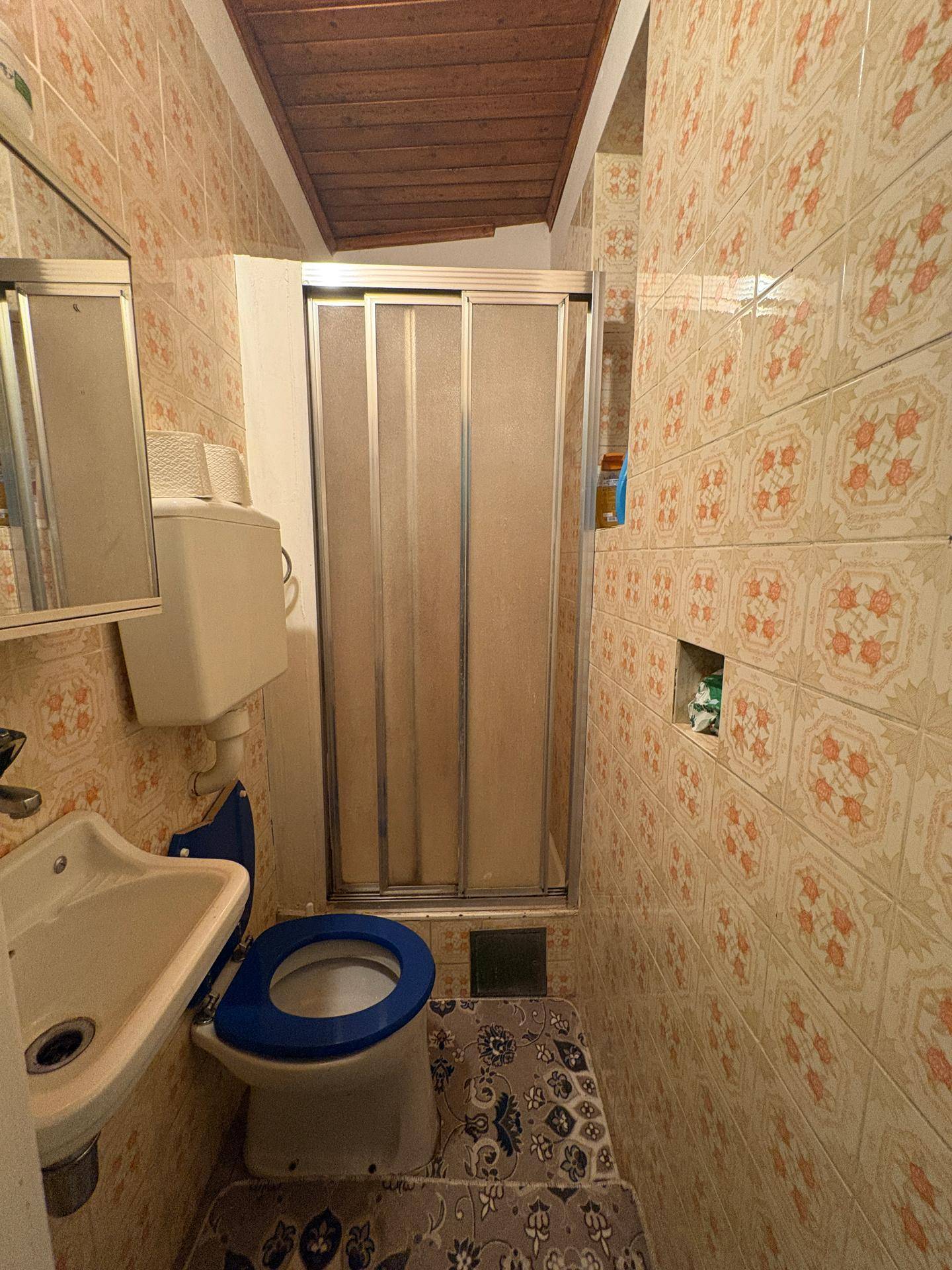 Kleines Badezimmer mit Duschkabine, WC und Waschbecken, ausgestattet mit gemusterten Fliesen.
