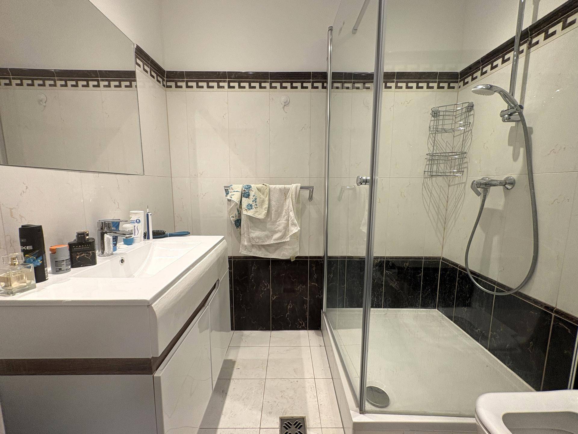 Modernes Badezimmer mit Duschkabine, Waschtisch und dunklen Akzentfliesen.