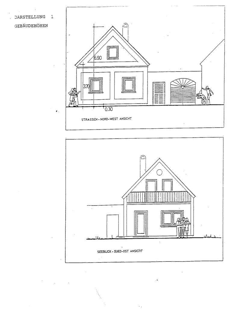 Architektonische Darstellung der Gebäudehöhen eines Hauses mit Nord-West- und Süd-Ost-Ansichten.