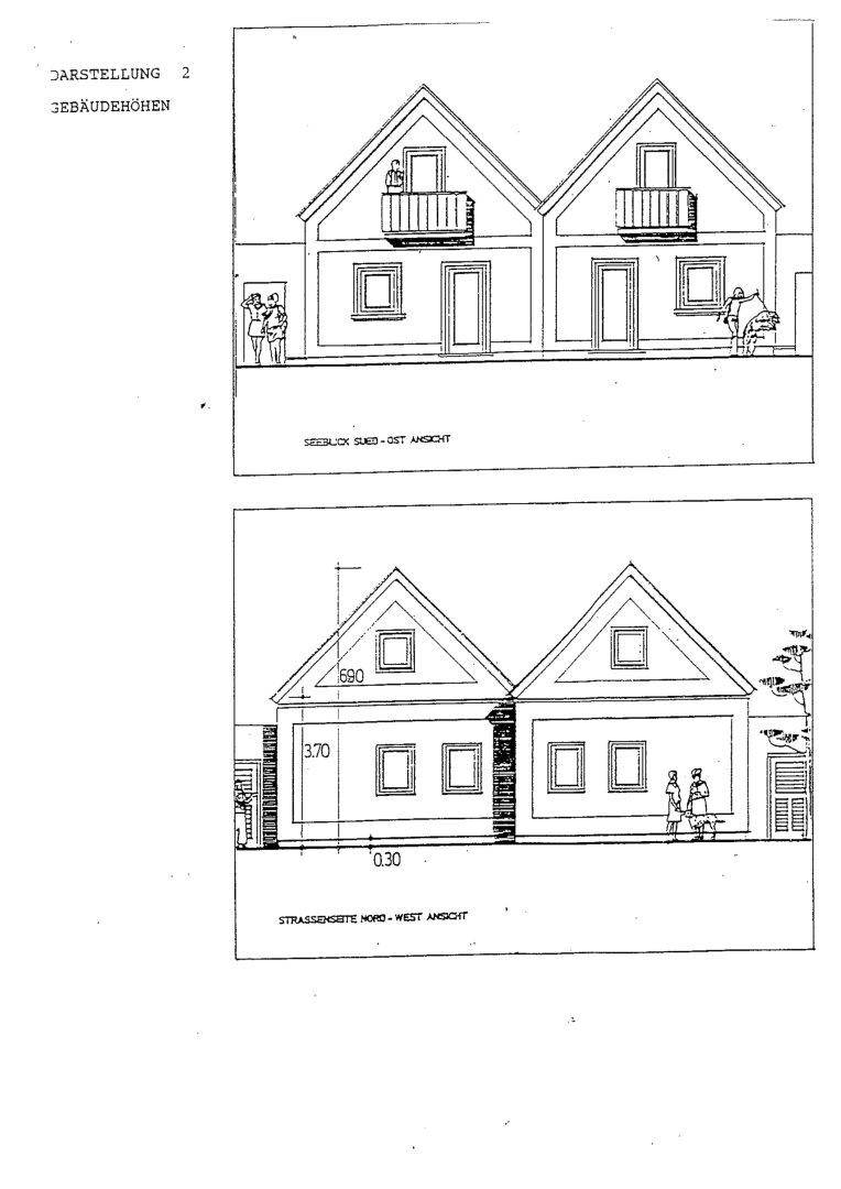 Architektonische Darstellung der Gebäudehöhen von zwei Häusern mit Balkonen und Giebeldächern.