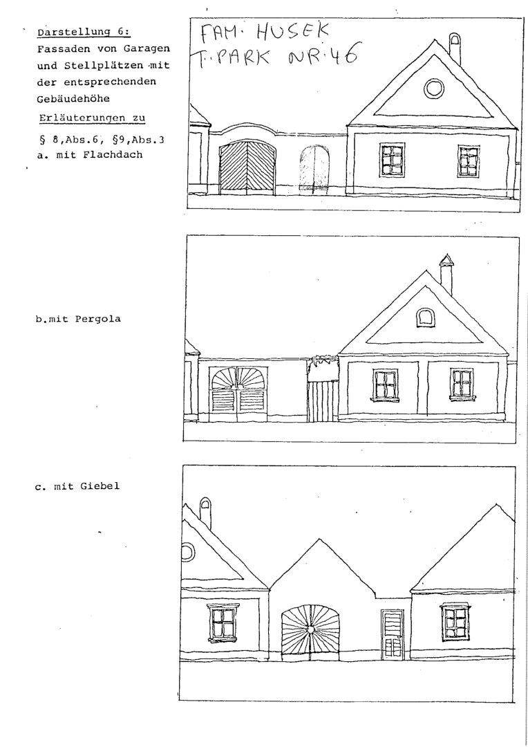 Architektonische Darstellung verschiedener Fassadenoptionen für Garagen und Stellplätze, inklusive Pergola.