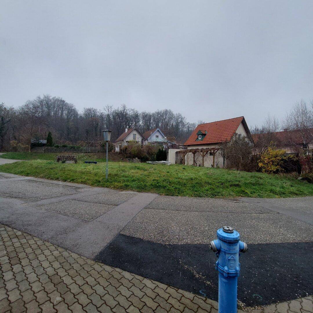 Unbebautes Grundstück an einer Kreuzung mit einem Hydranten und Häusern im ländlichen Hintergrund.