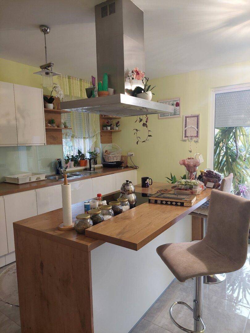 Moderne Küche mit Kochinsel, Dunstabzugshaube und Blick in den Garten.