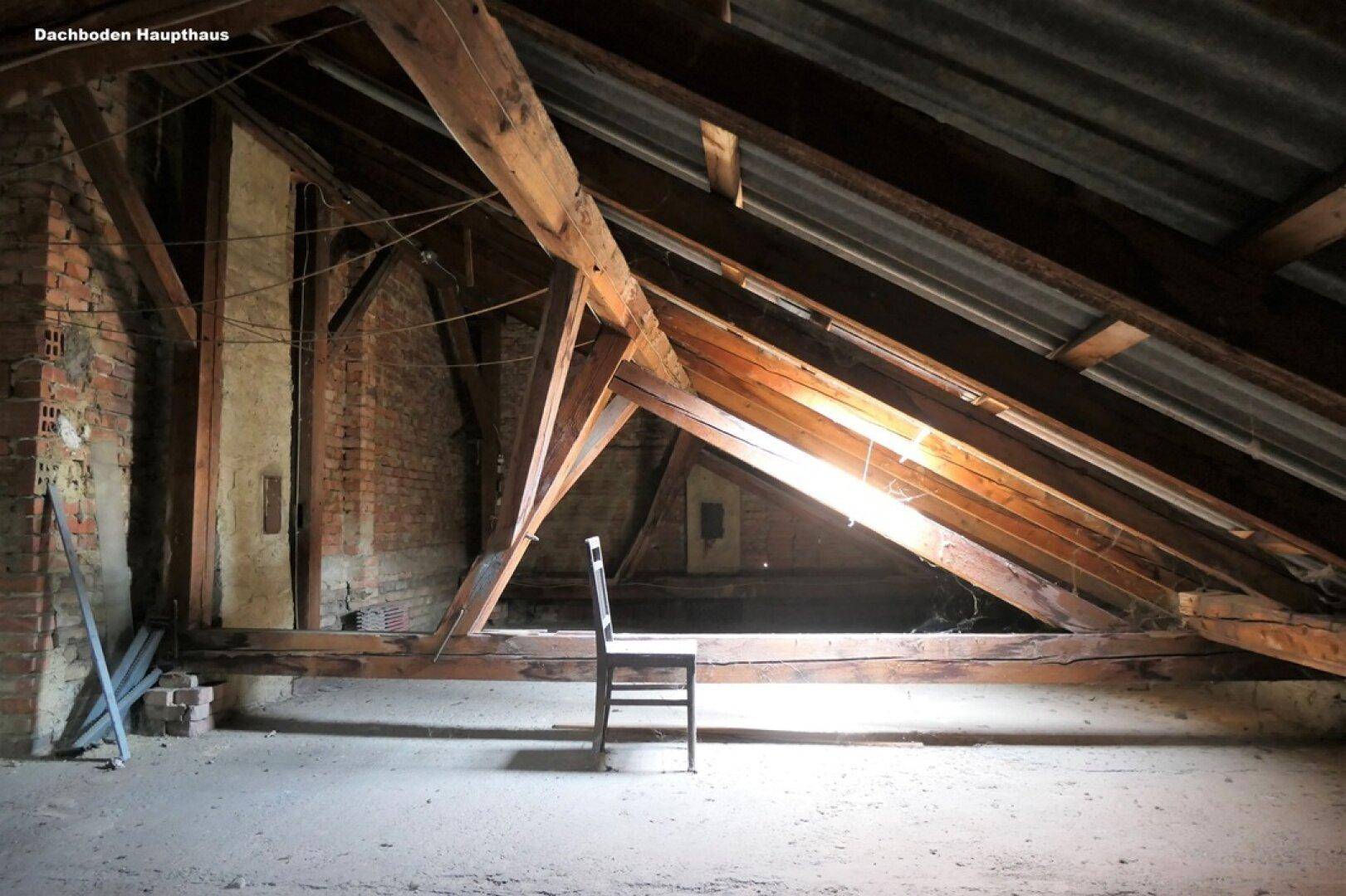 Unausgebauter Dachboden mit sichtbaren Holzbalken und Ziegelwänden, bietet Ausbaupotenzial.