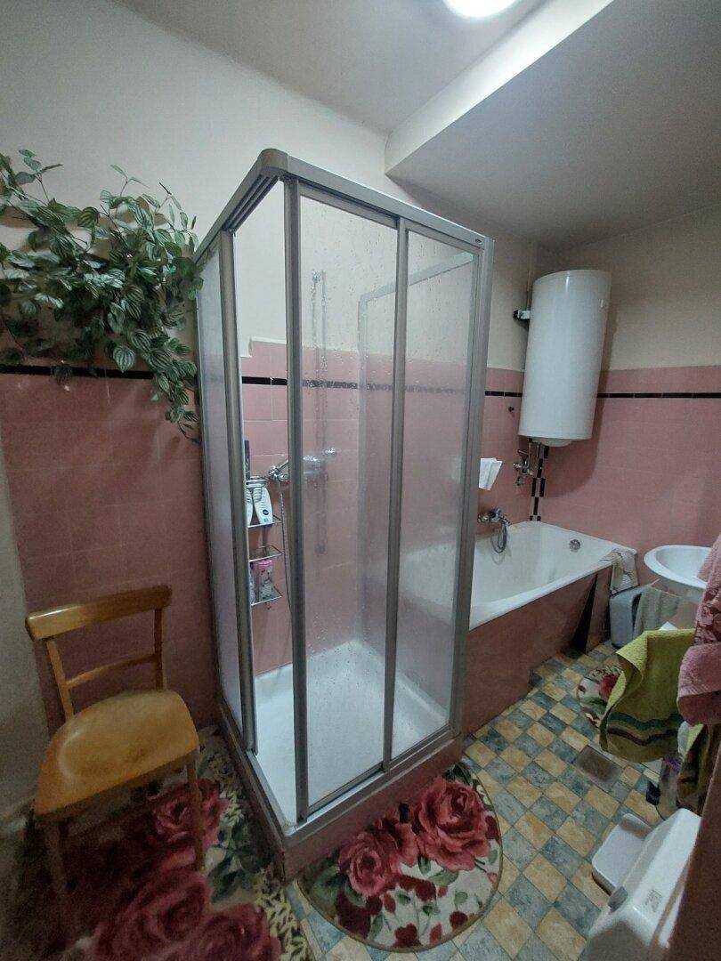 Badezimmer mit Duschkabine und Badewanne, rosa Fliesen und einem farbenfrohen Teppich.