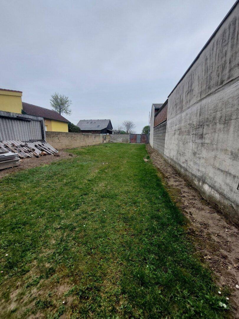 Grüne Rasenfläche zwischen Gebäuden mit einfacher Betonwand und ländlichem Charakter.