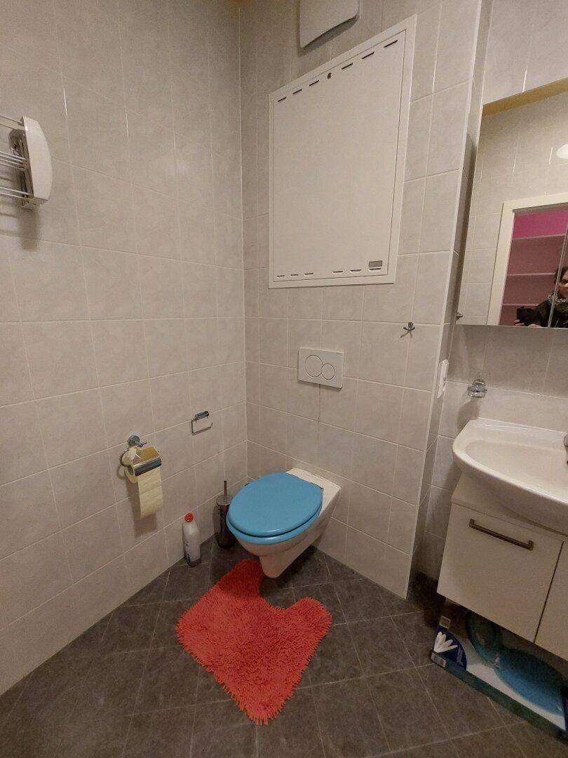 Kleines WC mit hellen Fliesen, wandhängender Toilette und einem blauen Toilettensitz.