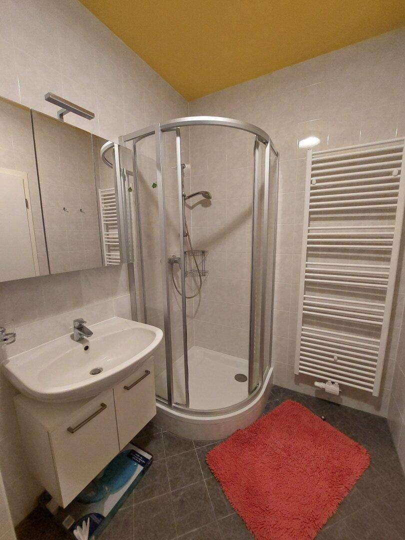 Badezimmer mit Duschkabine, Waschbecken und einem beheizten Handtuchhalter.