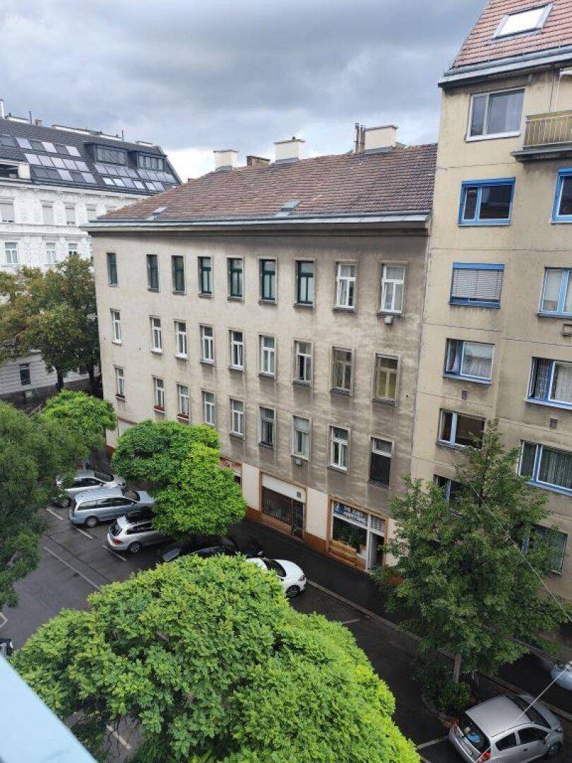 Straßenansicht mit Gebäuden, Bäumen und parkenden Autos an einem bewölkten Tag.