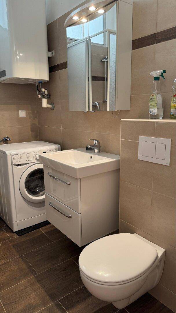 Detailansicht des modernen Badezimmers mit Waschbecken, WC und Spiegelschrank.