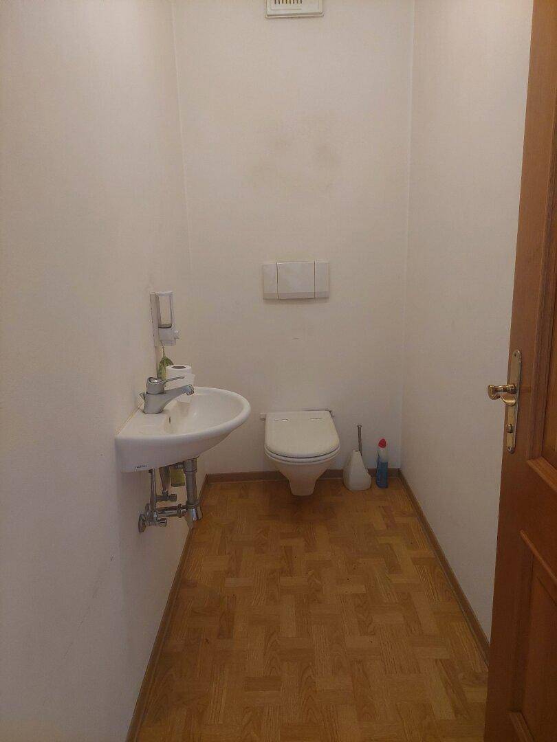 Kleines Gäste-WC mit Waschbecken, Toilette und Holzparkettboden.