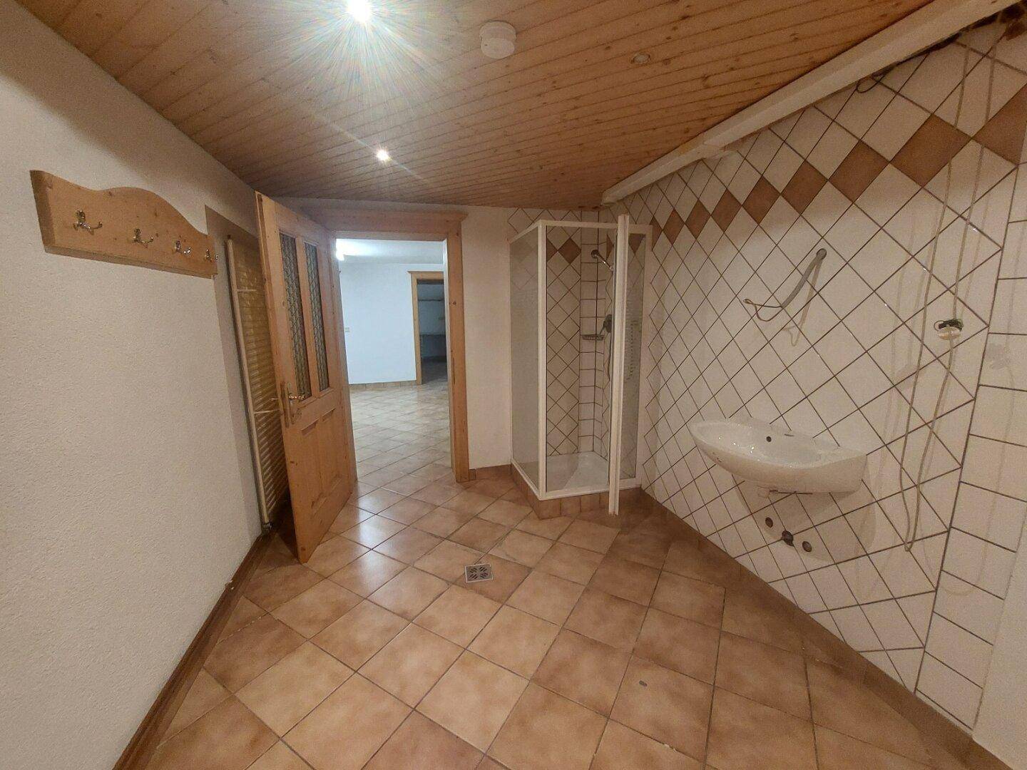 Funktionaler Raum mit Duschkabine, Waschbecken und offenem Zugang zur Holzsauna, alles gefliest.
