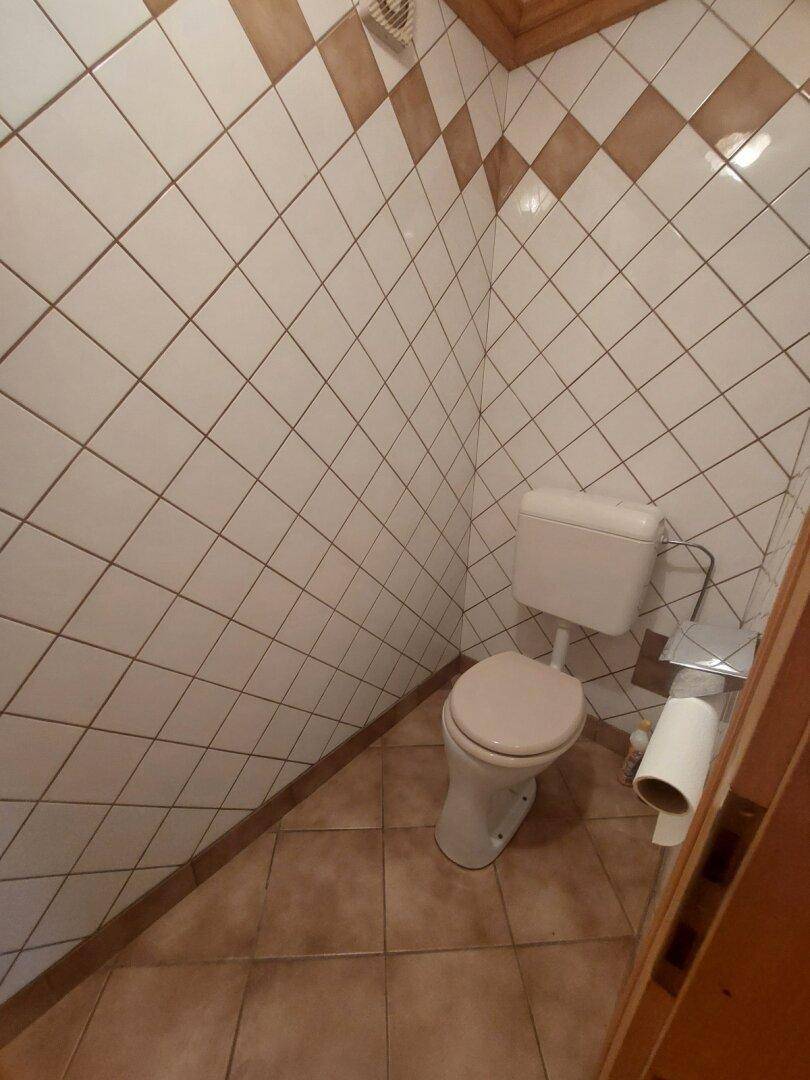 Kleines Gäste-WC mit diagonal verlegten Fliesen an Wänden und Boden, ausgestattet mit einer Toilette.