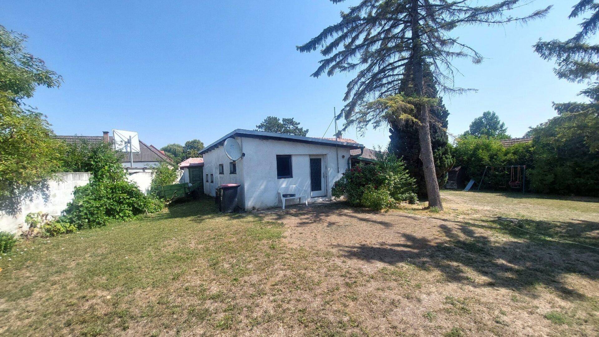 Einfamilienhaus mit großem Garten und altem Baumbestand an einem sonnigen Tag.