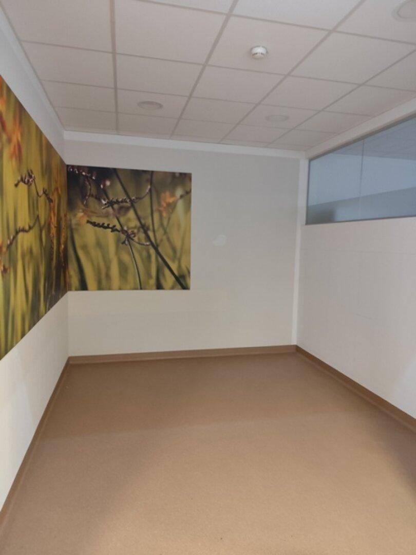 Leerer Büroraum mit dekorativer Wandtapete, abgehängter Decke und braunem Bodenbelag, bereit zur Einrichtung.