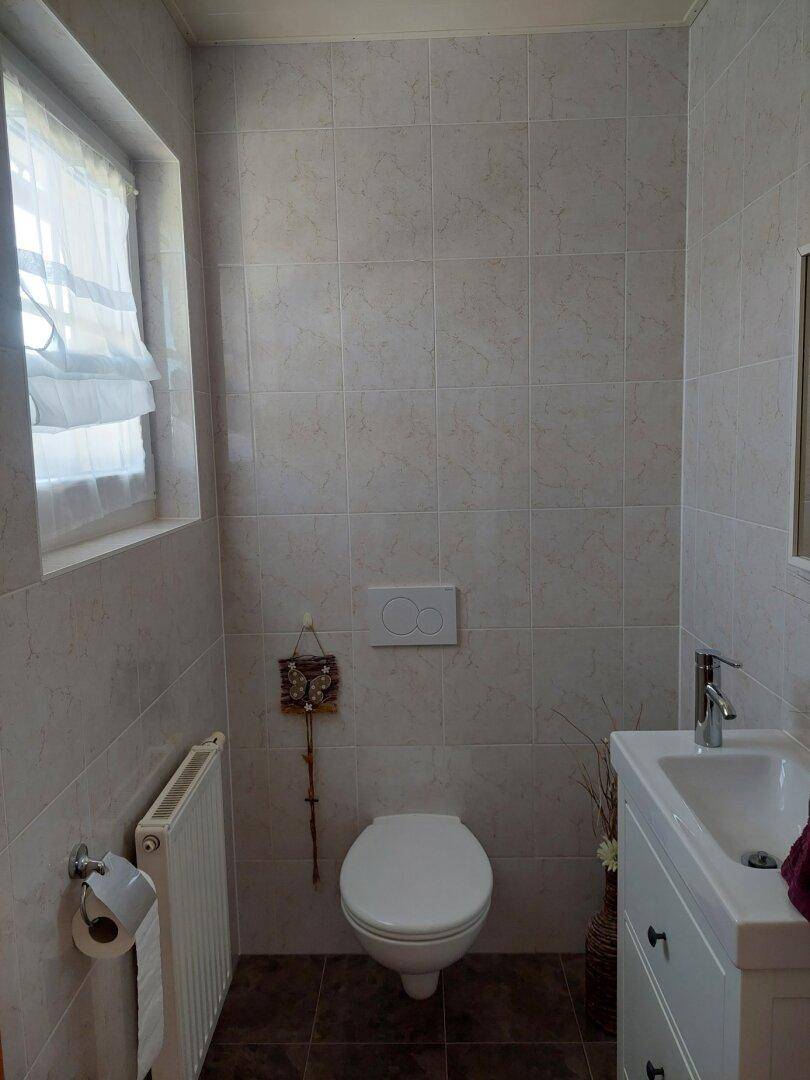 Modernes Gäste-WC mit wandhängender Toilette, kleinem Waschbecken und Fenster.