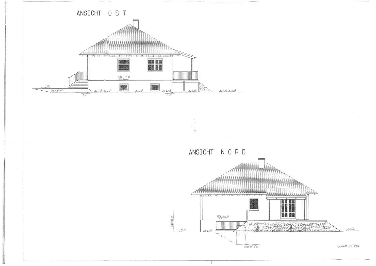 Ansichten des Hauses von Osten und Norden mit Balkonen und Treppen.