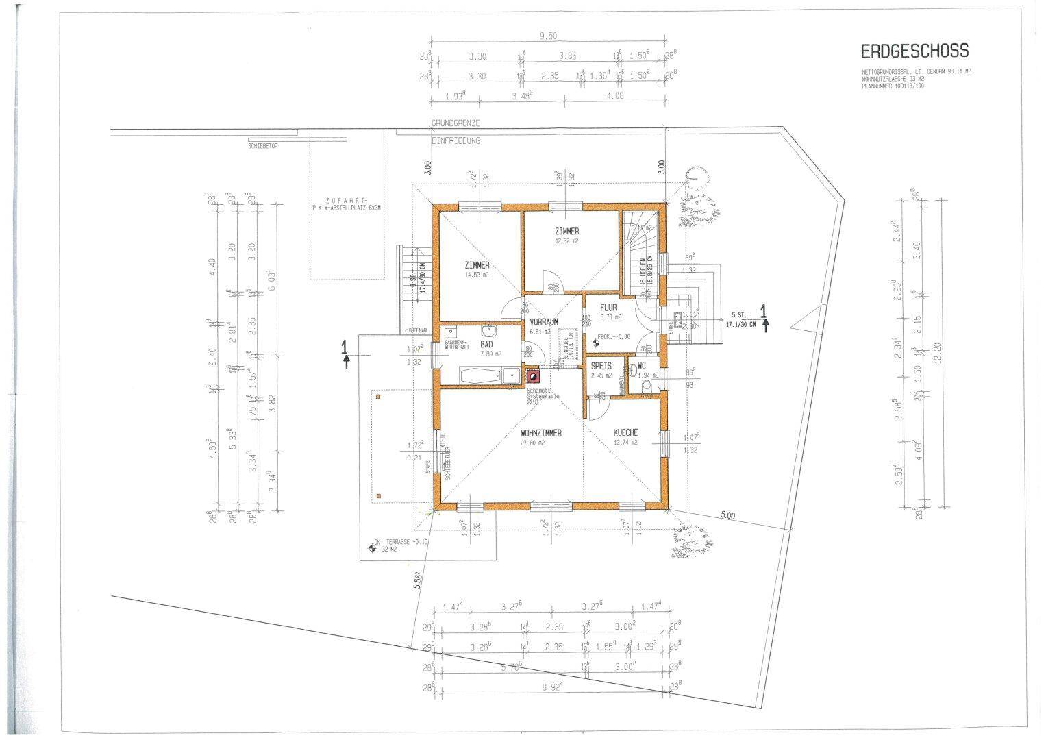 Grundriss des Erdgeschosses mit Wohnzimmer, Küche, Bad und Schlafzimmer.