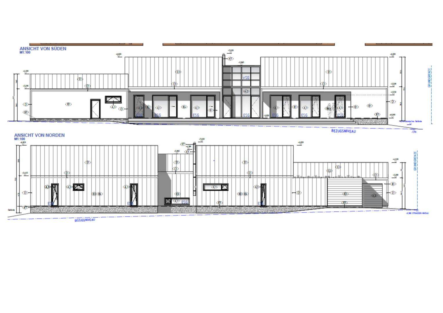 Ansichten des Gebäudes von Süden und Norden mit architektonischen Details.