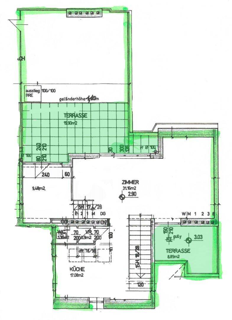 Plan 2. Ebene mit den 2 Terrassen