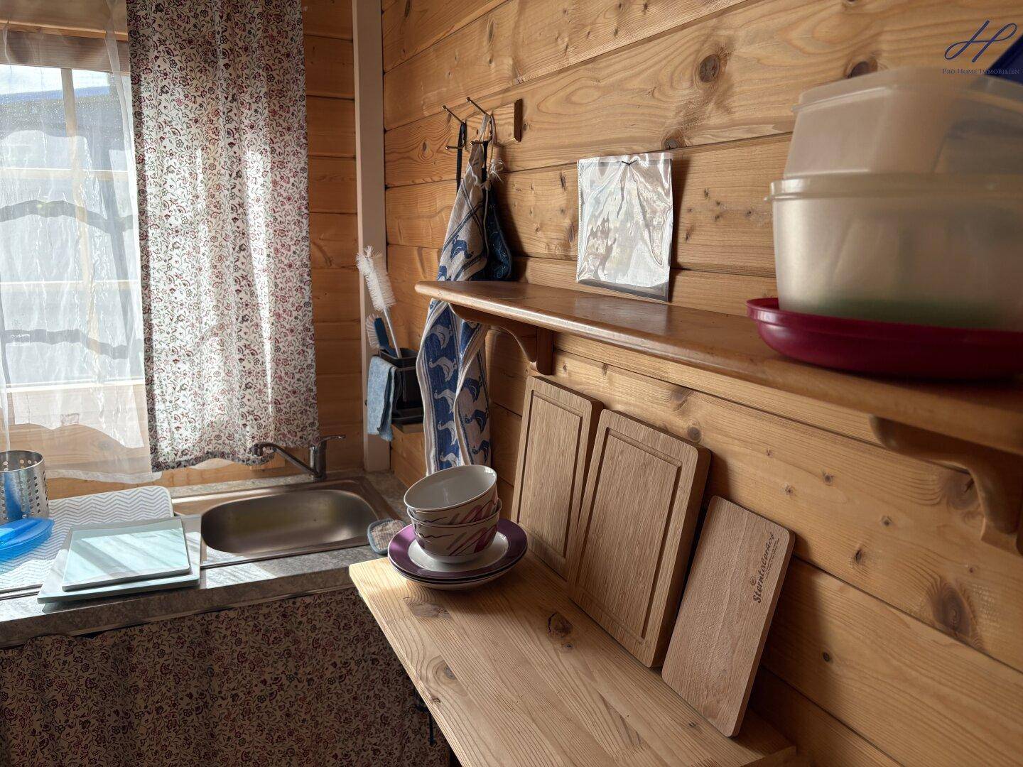 Detailansicht der Küchenzeile mit Spülbecken, Holzregalen und Tageslicht.