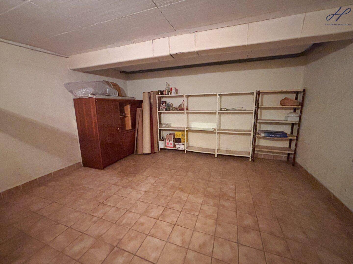 Geräumiger Kellerraum mit Fliesenboden und verschiedenen Regalsystemen.