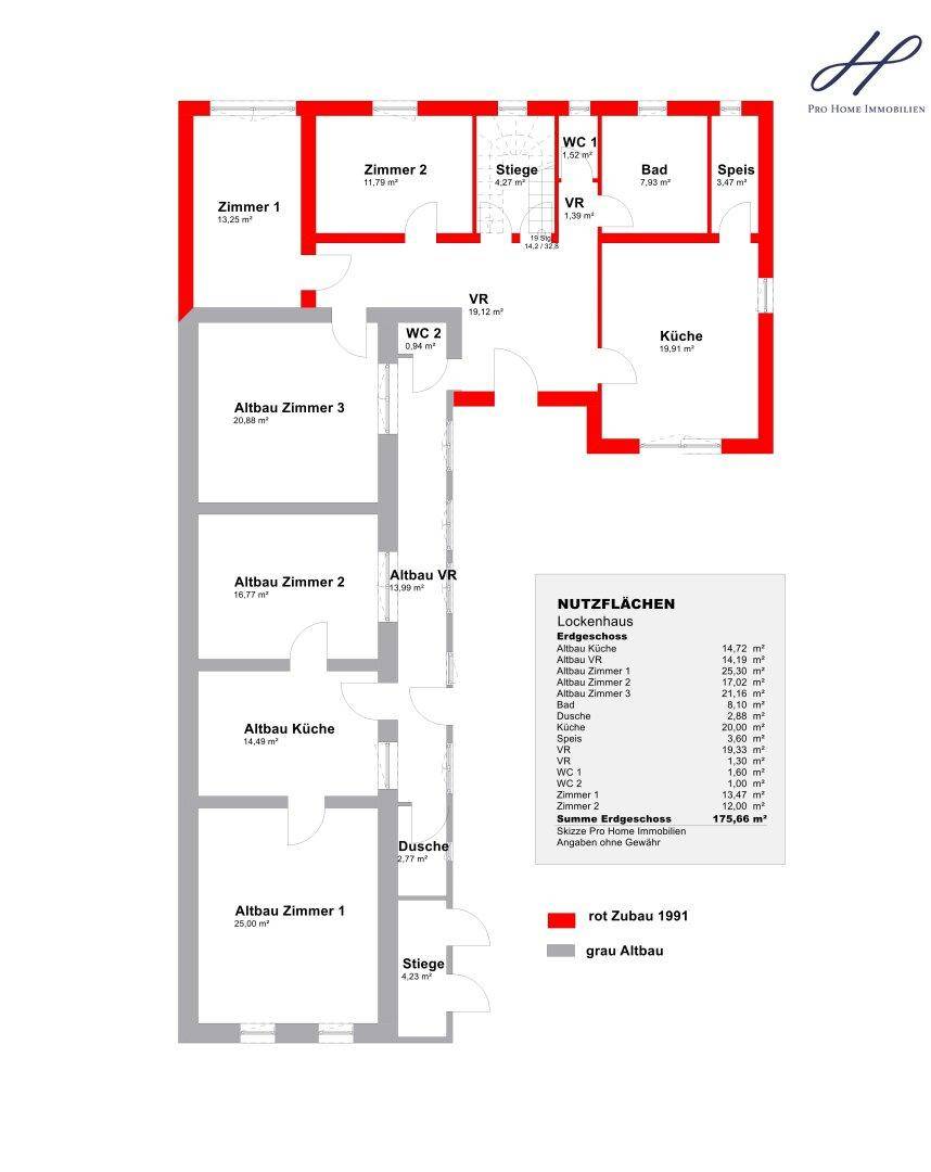 Grundrissplan eines Gebäudes mit Altbau- und Neubauanteil, der verschiedene Zimmer, Küchen und Sanitärbereiche darstellt.