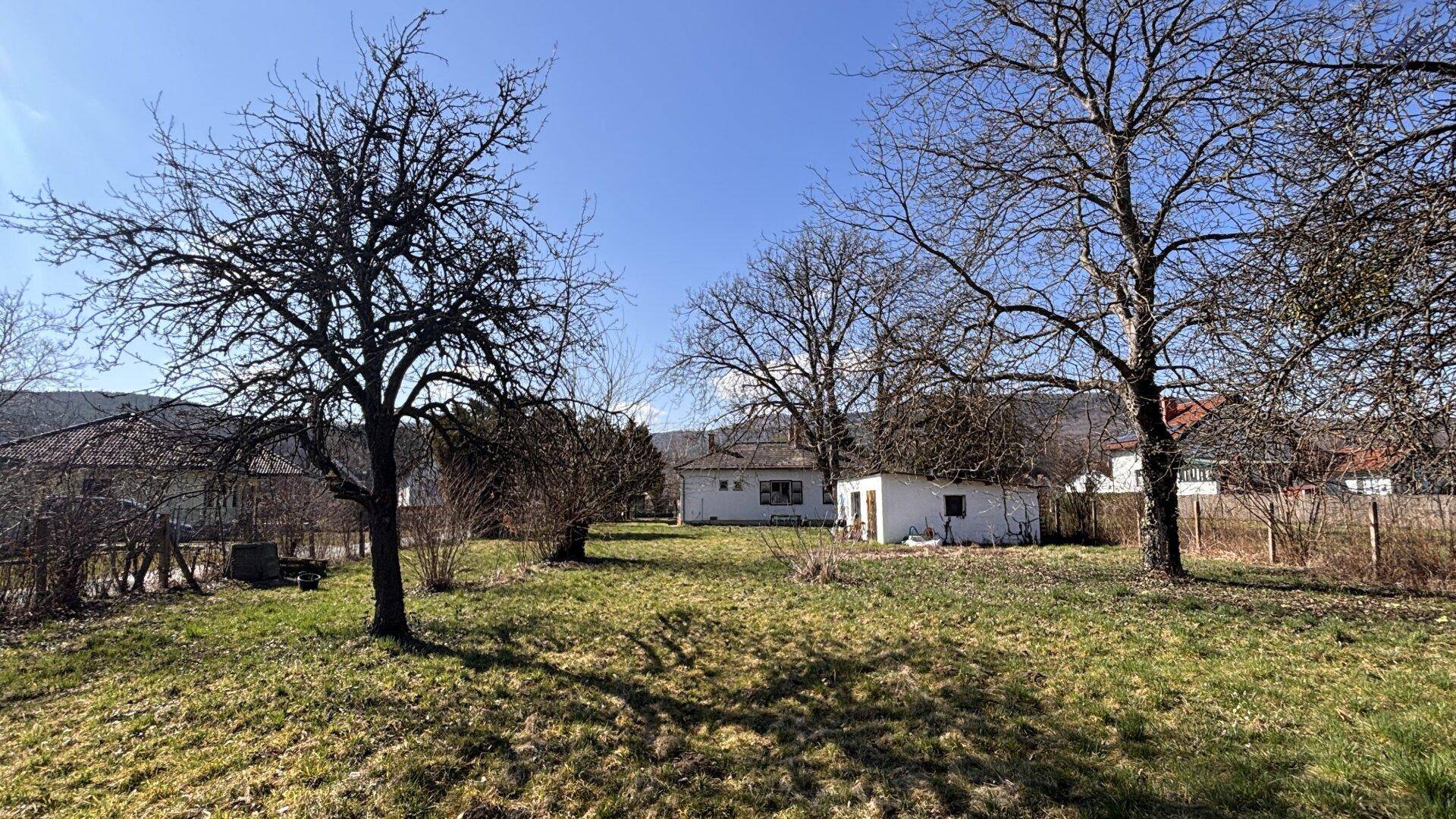 Ausgedehntes Gartengrundstück mit Obstbäumen und Blick auf die ländliche Umgebung im Frühling.