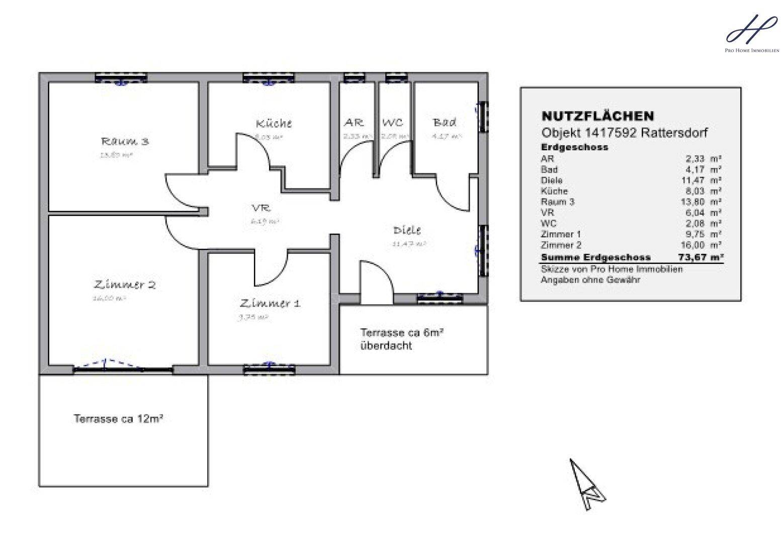 Grundriss des Erdgeschosses mit drei Zimmern, Küche, Bad und zwei Terrassen.
