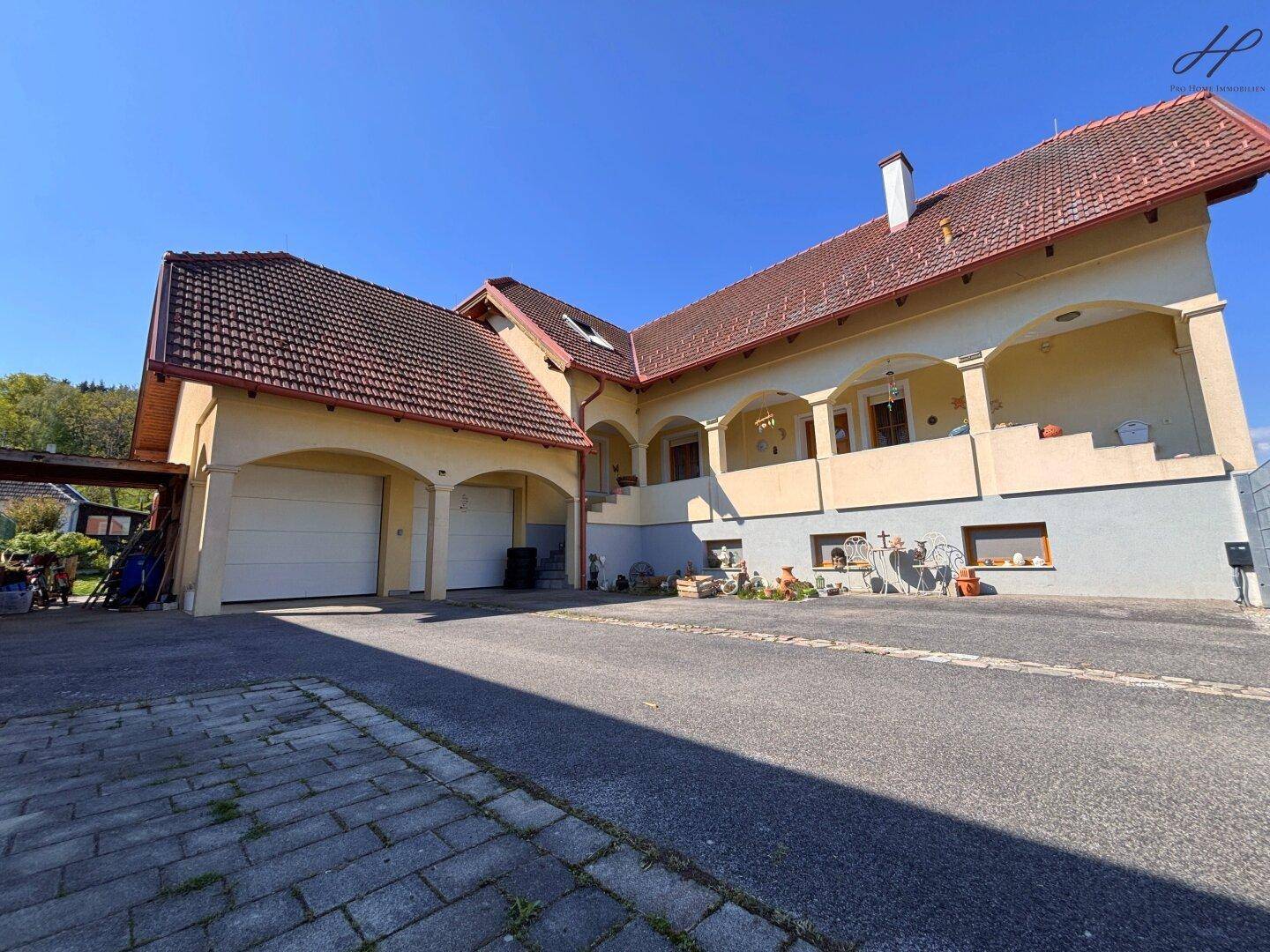 Ansicht des Einfamilienhauses mit gepflasterter Auffahrt und integrierter Doppelgarage.