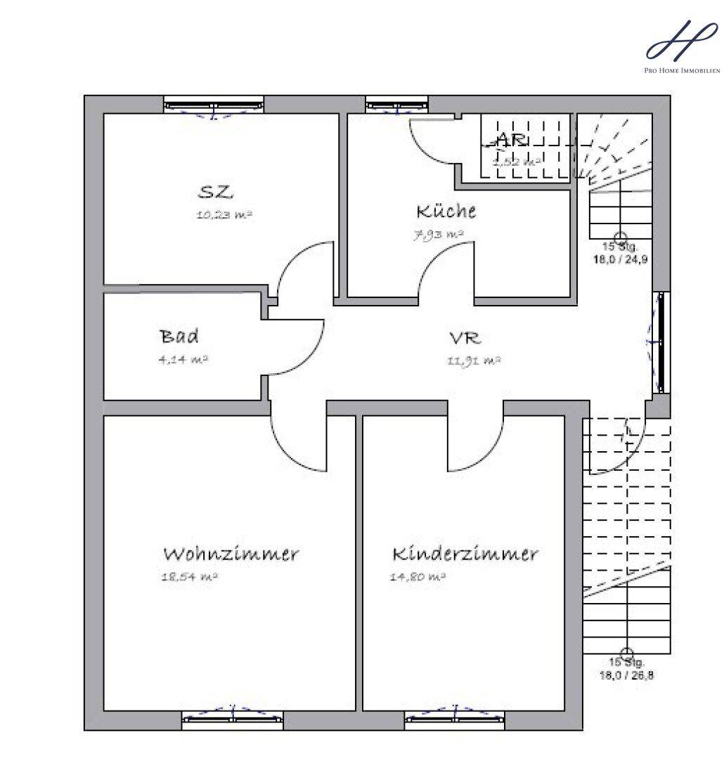 Grundriss des Erdgeschosses mit Wohnzimmer, Kinderzimmer, Küche, Bad und Schlafzimmer.
