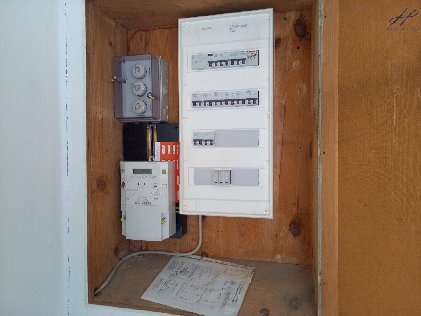Elektrischer Sicherungskasten und Zähler in einem Holzschrank.