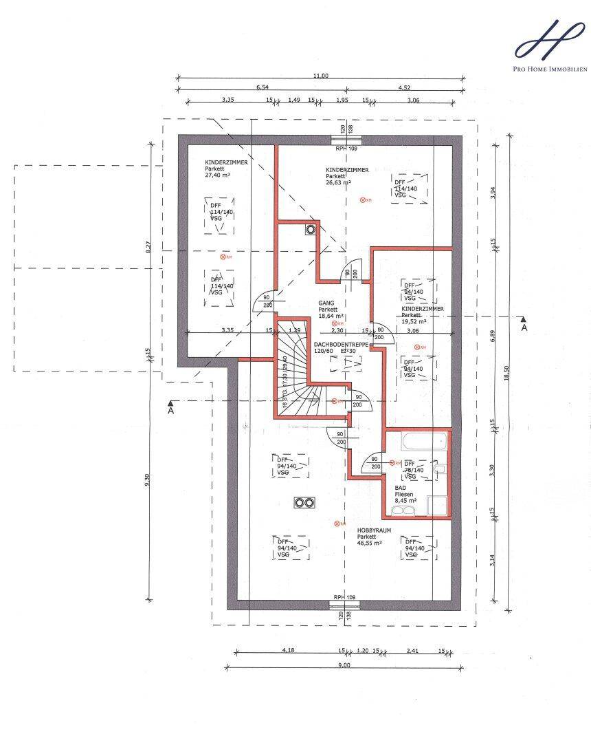 Grundriss des Obergeschosses mit mehreren Kinderzimmern, Hobbyraum, Bad und Dachbodentreppe.