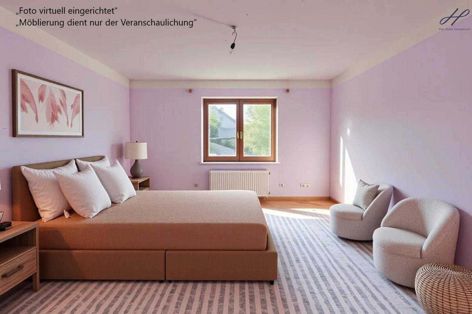 Virtuell eingerichtetes Schlafzimmer mit lila Wänden, großem Bett und gemütlicher Atmosphäre.