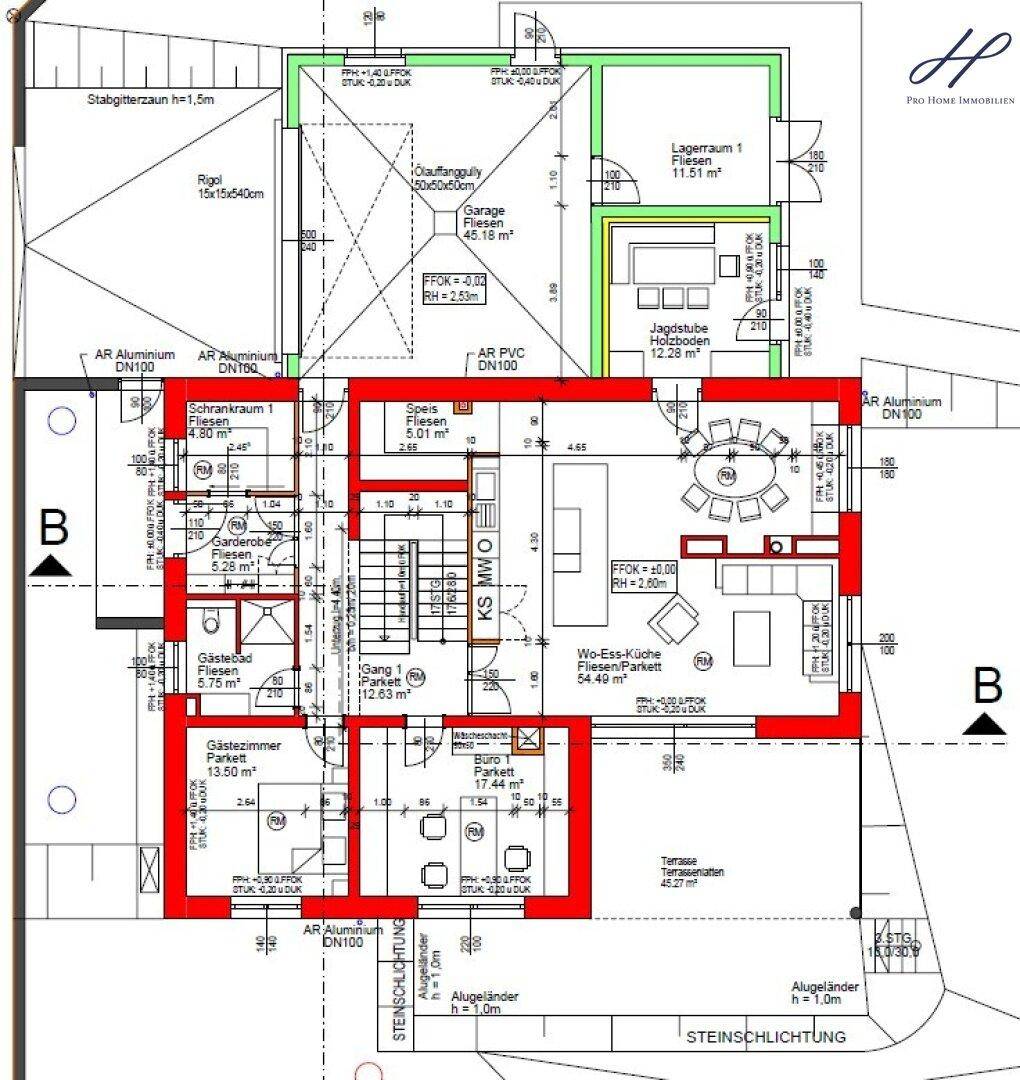 Grundriss des Erdgeschosses mit offener Wohn-Ess-Küche, Gästezimmer und integrierter Garage.