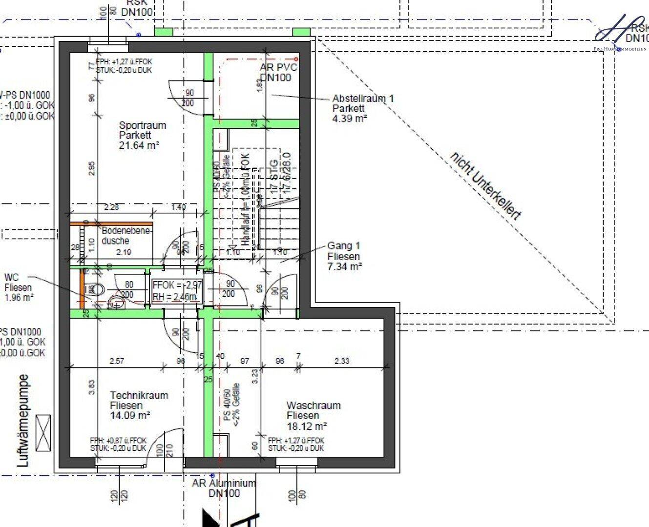 Grundriss des Untergeschosses mit Sportraum, Technikraum und einem praktischen Waschraum.