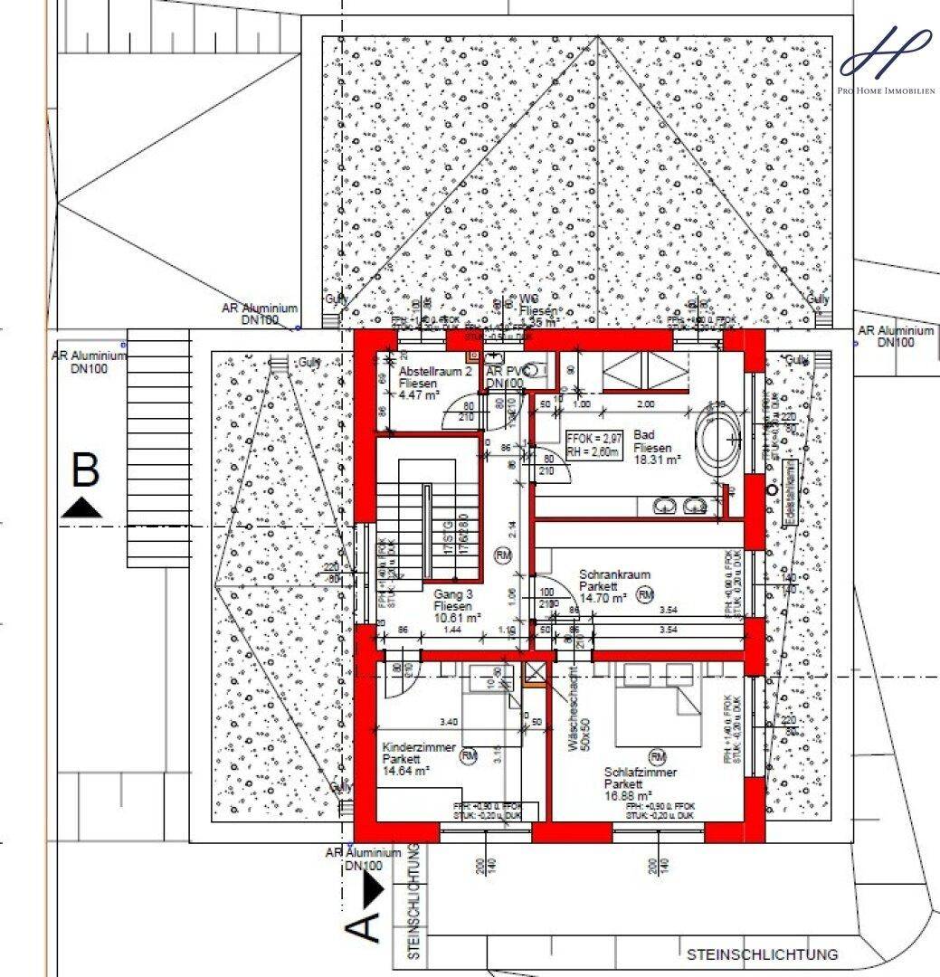 Grundriss des Obergeschosses mit mehreren Schlafzimmern, Bad und einem geräumigen Ankleidezimmer.