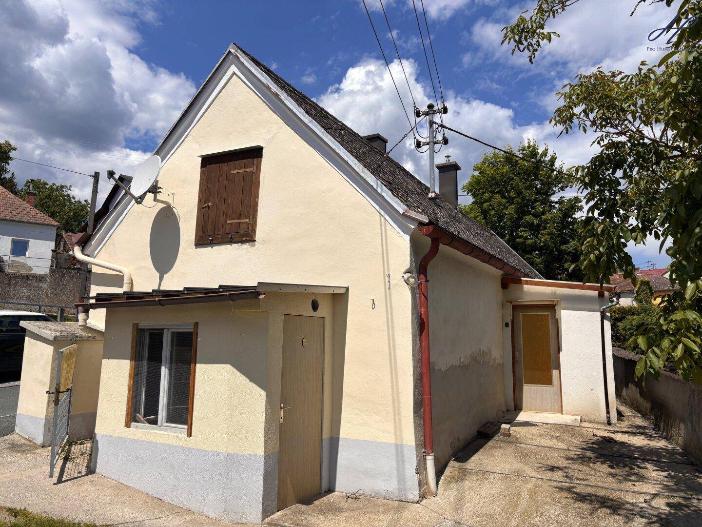 Nahaufnahme der Seitenfassade des Hauses mit Fenstern, Türen und einem schrägen Dach.