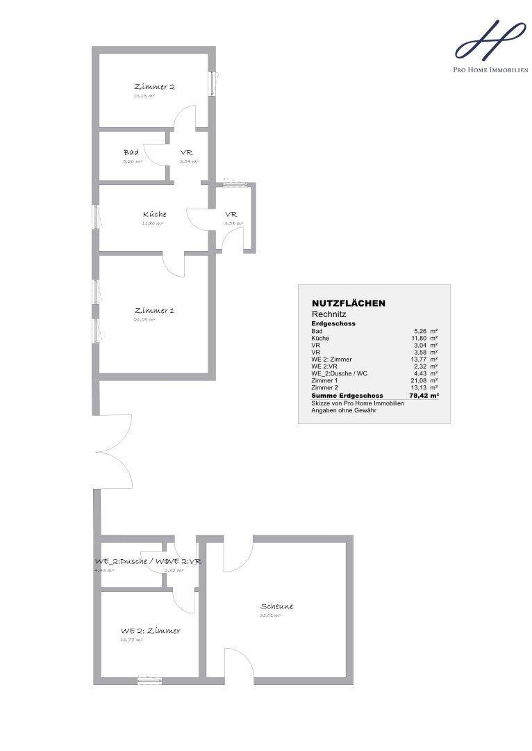 Grundriss des Erdgeschosses mit Zimmern, Küche, Bad und WC, Gesamtfläche 78,42 m².