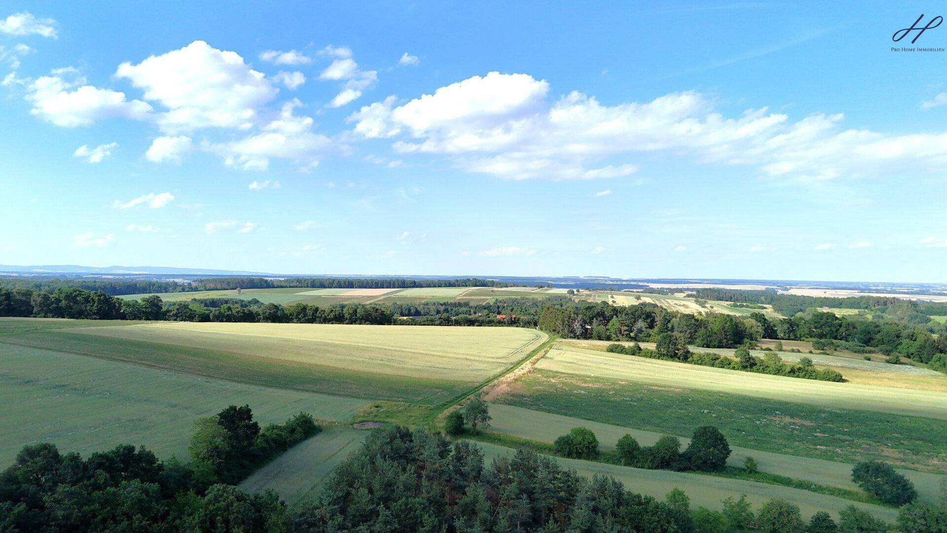 Weitläufige Landschaftsaufnahme mit grünen Feldern und Wäldern unter blauem Himmel.