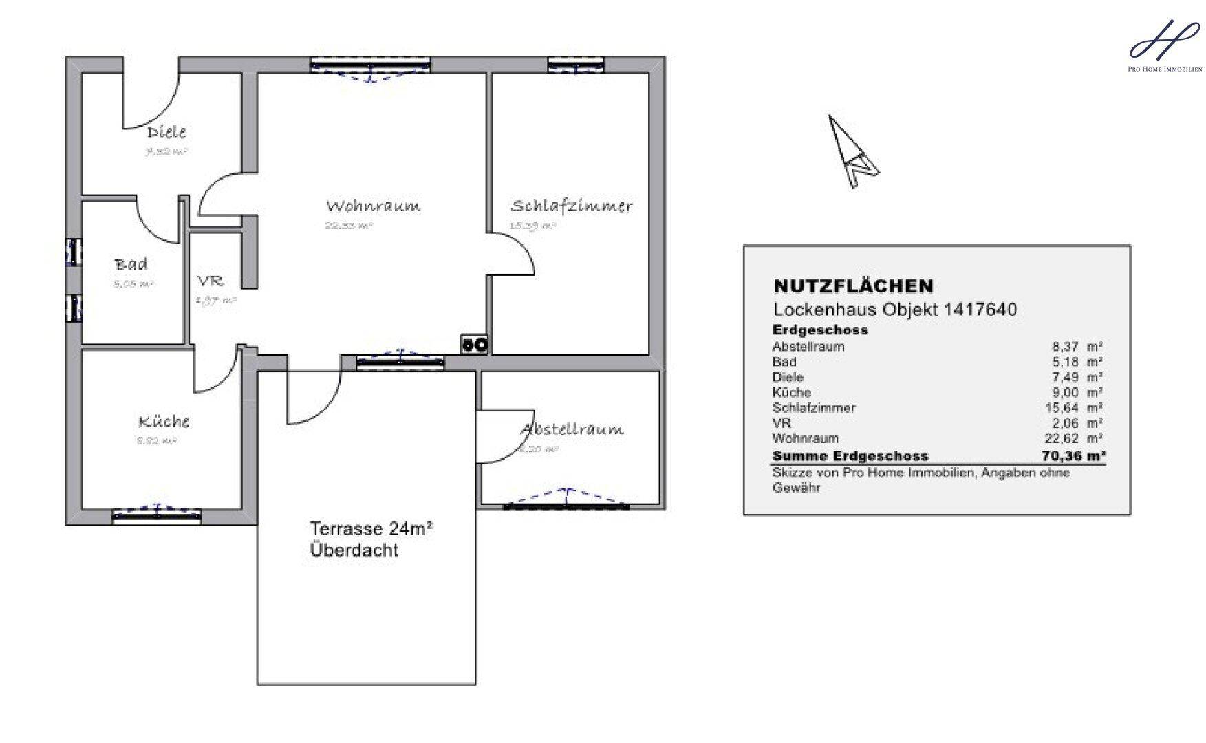 Grundriss des Erdgeschosses mit Wohnraum, Schlafzimmer, Küche, Bad und überdachter Terrasse.