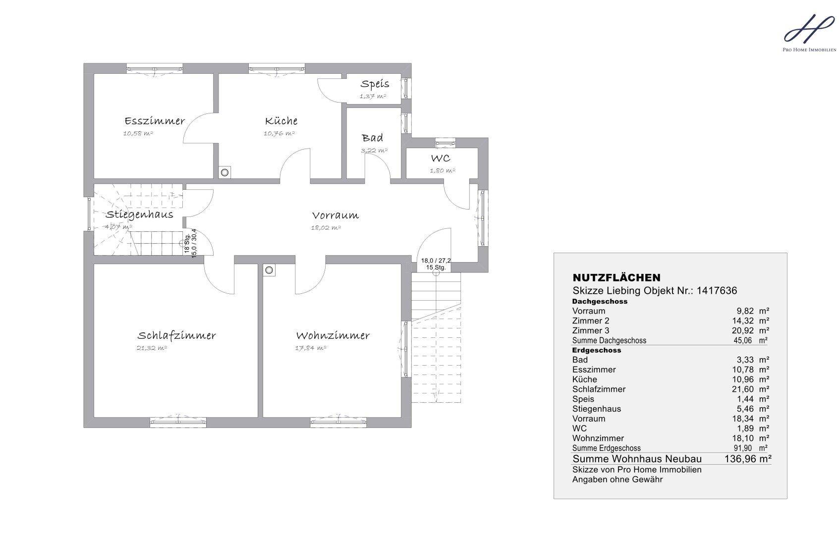Grundriss des Erdgeschosses eines Hauses mit separater Küche, Esszimmer, Wohnzimmer, Schlafzimmer, Bad und Gäste-WC.