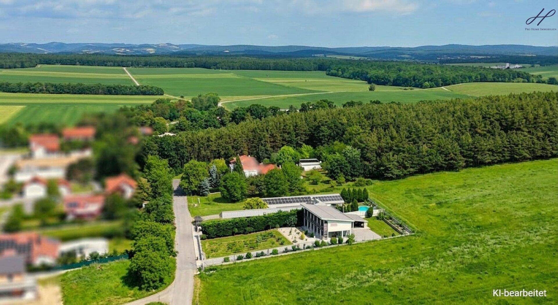 Luftaufnahme des Anwesens mit Photovoltaikanlage, umgeben von Feldern und Wäldern.