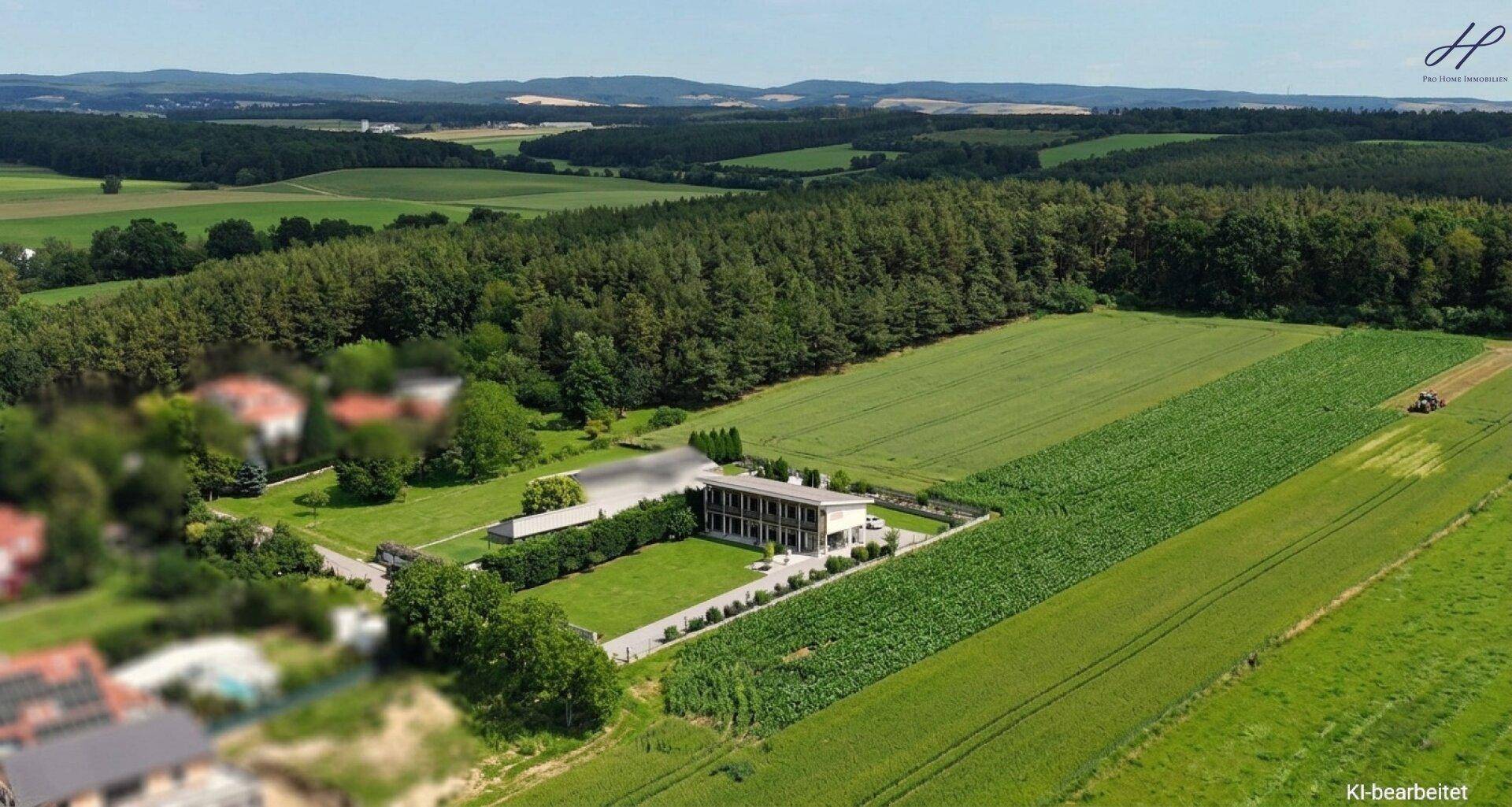 Panoramablick aus der Vogelperspektive auf das Anwesen mit angrenzenden Feldern und Wäldern.