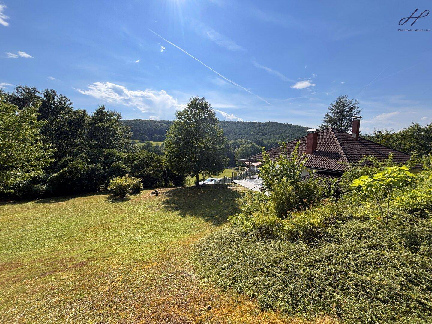 Ausgedehnter Garten mit Rasenfläche und Baumbestand, das Haus ist im Hintergrund sichtbar.