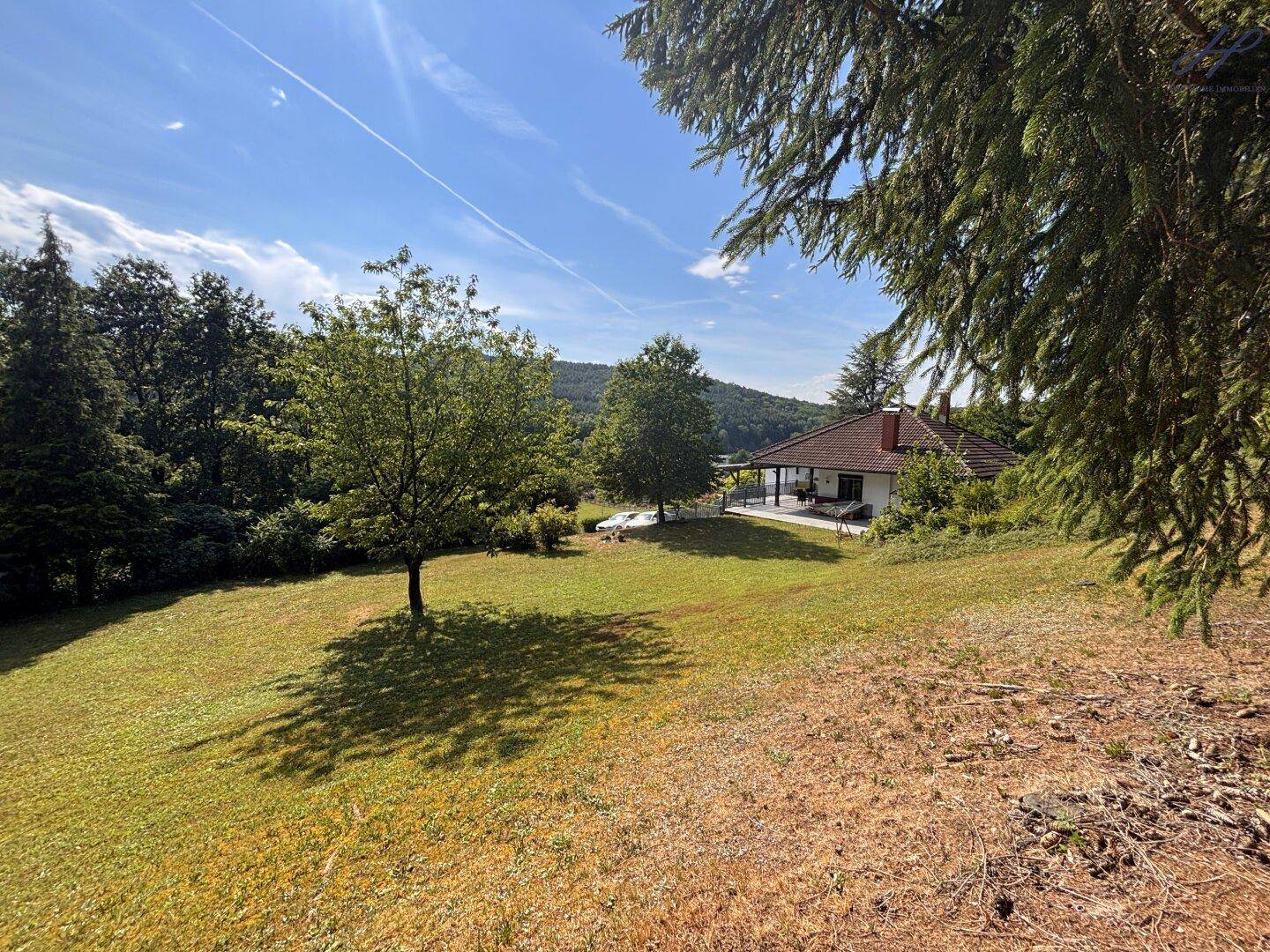 Weitläufiger Garten mit sonniger Rasenfläche und Blick auf das Haus in der Ferne.