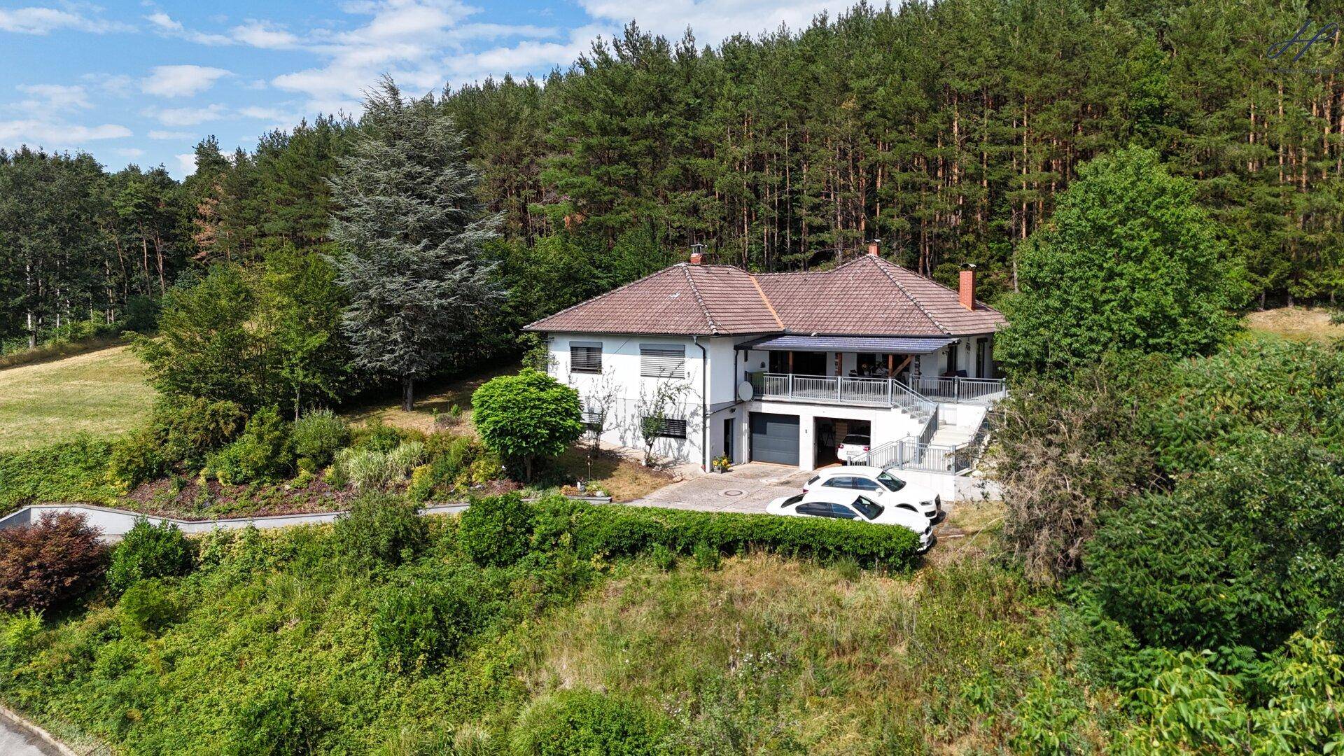Weitläufige Ansicht des Hauses mit Zufahrt und umgebender Natur, eingebettet in eine grüne Landschaft.