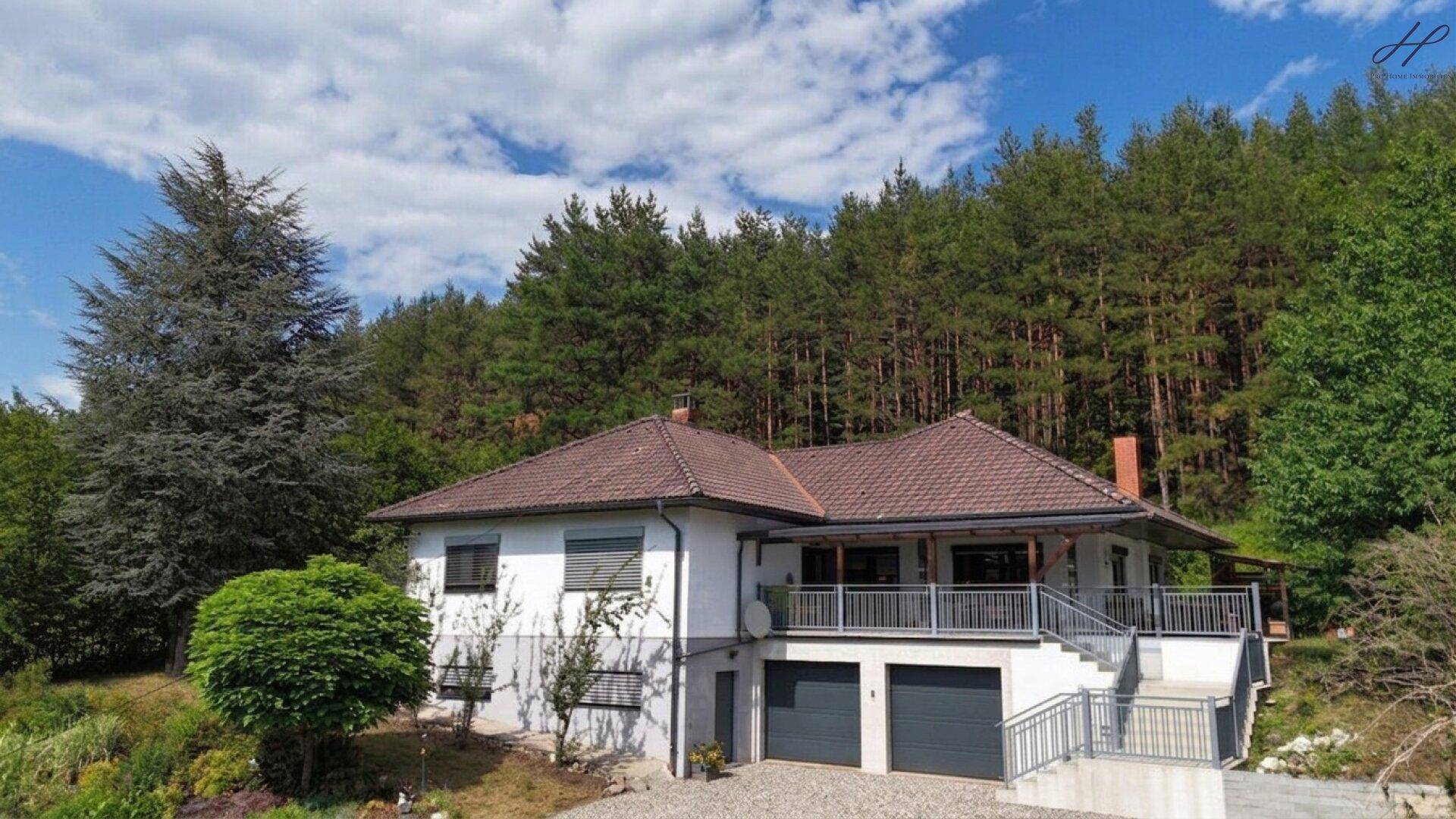 Ansicht des Hauses mit zwei Garagentoren und einer überdachten Terrasse im Grünen.