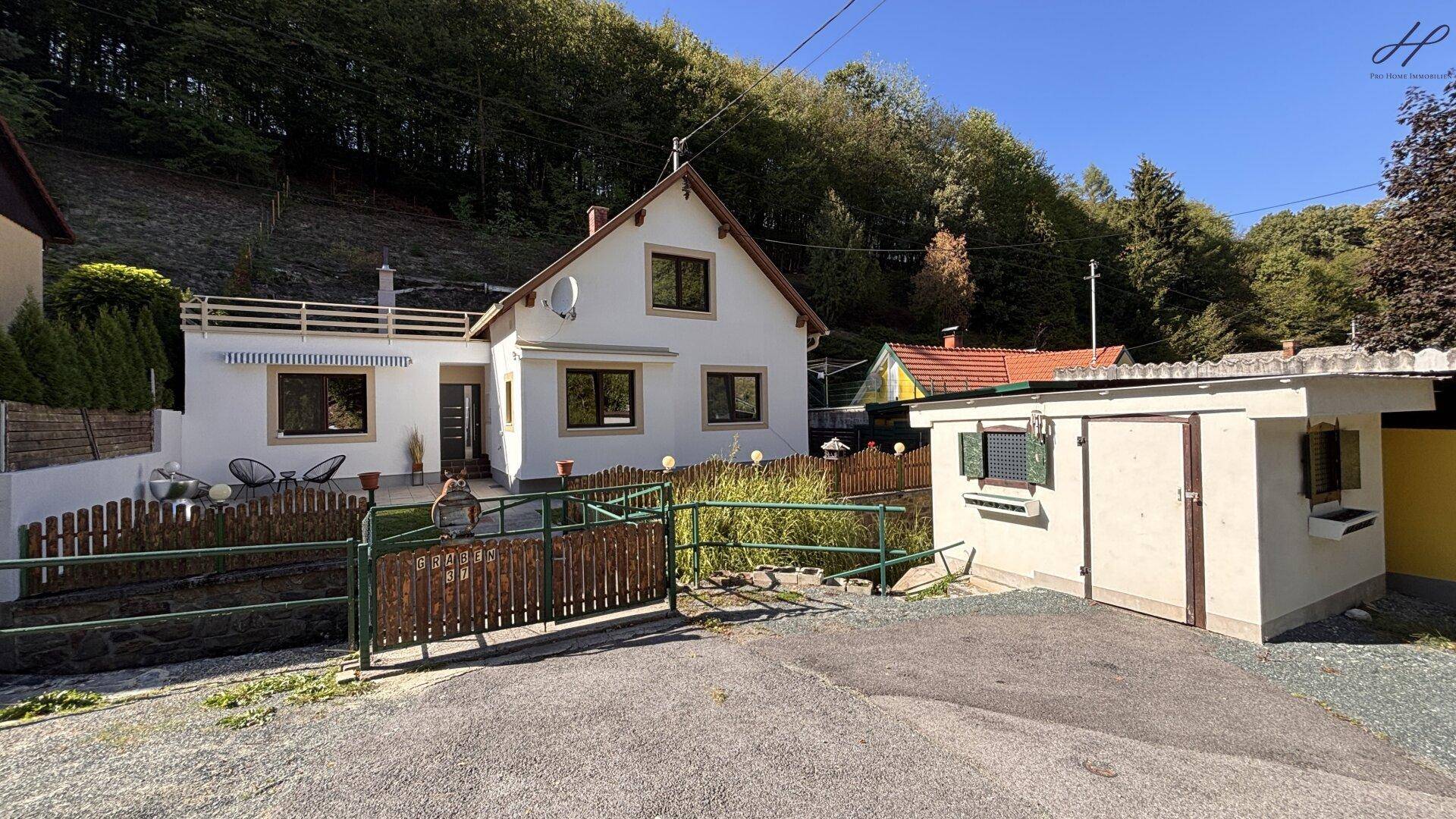 Freistehendes Einfamilienhaus mit Nebengebäude und umzäuntem Grundstück am Waldrand.